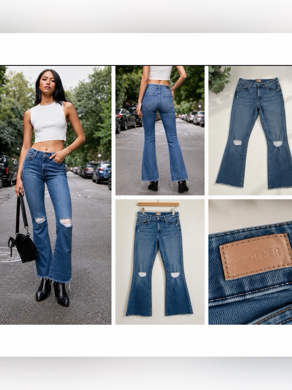 MOTHER The Weekender Fray Medium Blue Distressed Flare Jeans Women’s 29